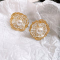 Copper French Vintage Double Layer Openwork Flower Pearl Stud Earrings For Women view 2