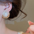 Copper French Vintage Double Layer Openwork Flower Pearl Stud Earrings For Women view 3