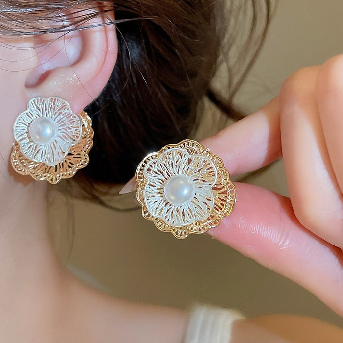 Copper French Vintage Double Layer Openwork Flower Pearl Stud Earrings For Women