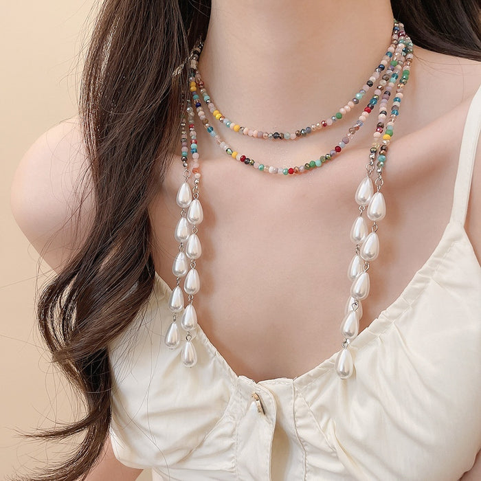 Bohemian Glass Crystal Beaded Pearl Teardrop Long Sweater Necklace For Women