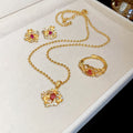 Vintage Copper Zircon Flower Jewelry Set With Open Ring Bracelet Necklace For Women view 3