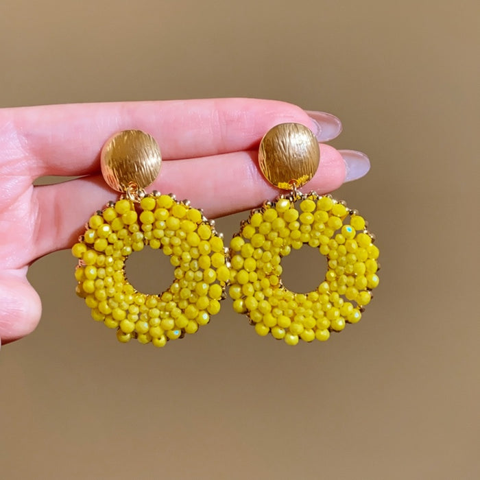 Sweet Summer Lemon Floral Round Artificial Crystal Silver Needle Stud Earrings