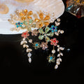 Luxury Copper Rhinestone Floral Hollow Stud Earrings With Silver Posts For Banquet Wear view 4
