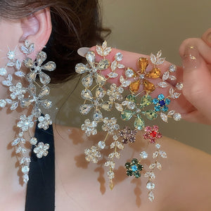 Luxury Copper Rhinestone Floral Hollow Stud Earrings With Silver Posts For Banquet Wear