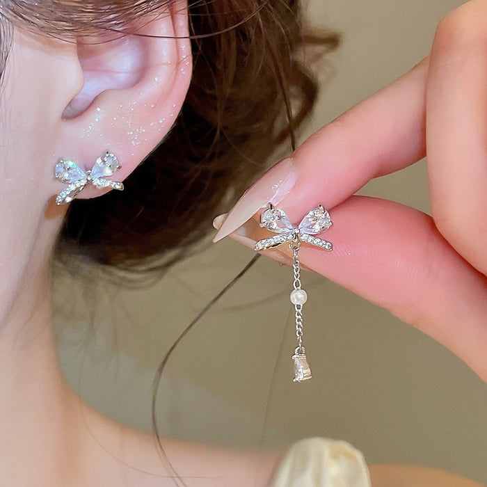 Korean Style Copper Zircon Bow Tassel Drop Earrings For Women Elegant Office Jewelry