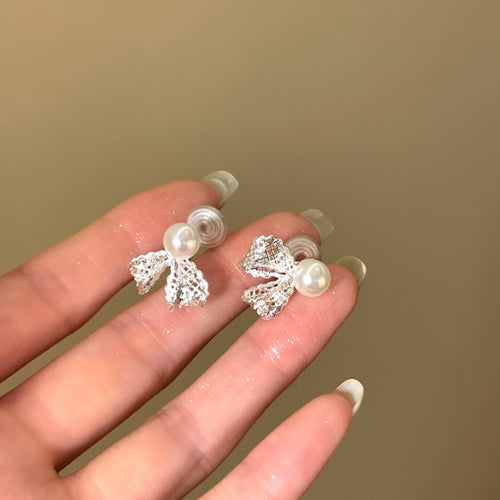 Copper Lace Bow Pearl Stud Earrings For Women, Princess Style Light Luxury Jewelry