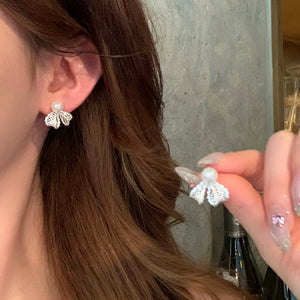 Copper Lace Bow Pearl Stud Earrings For Women, Princess Style Light Luxury Jewelry