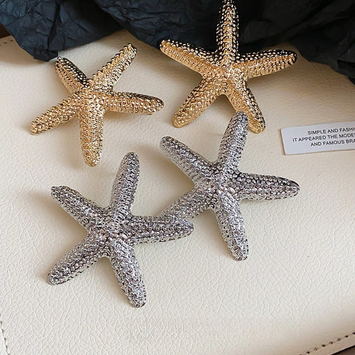Alloy Crumpled Metal Starfish Stud Earrings With Silver Pins, Luxury Statement European Style