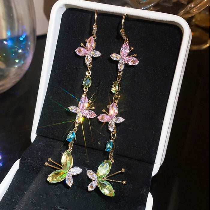 Light Luxury Copper Butterfly Zircon Tassel Drop Earrings For Women