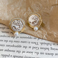 French Vintage Copper Round Horse Head Pearl Stud Earrings Light Luxury Geometric Jewelry view 4