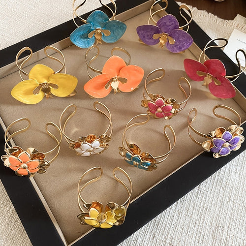 European Vintage Iron Enamel Flower Double Layer Open Cuff Bangle Sweet Light Luxury Jewelry