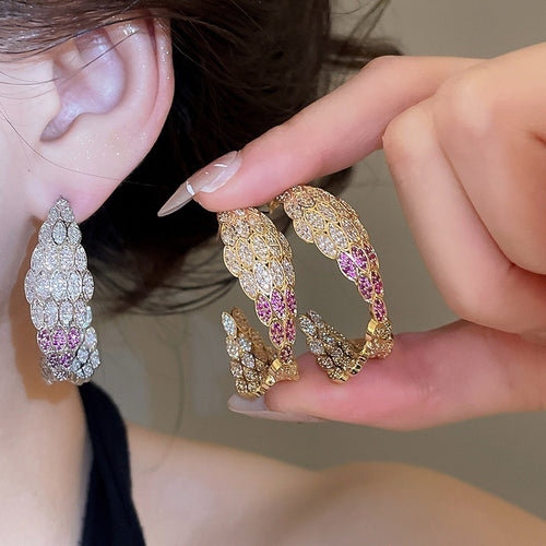 Luxury Geometric C Shape Full Zircon Copper Stud Earrings With Silver Pins