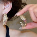 Luxury Geometric C Shape Full Zircon Copper Stud Earrings With Silver Pins view 4