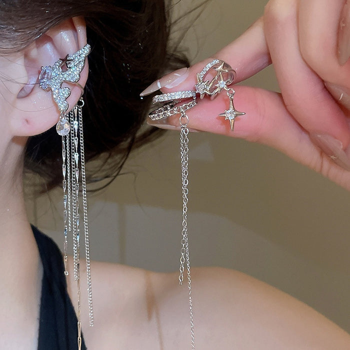 Light Luxury Copper Zircon Starburst Butterfly Tassel Clip-on Earrings Ear Cuff Jewelry