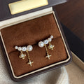 18K Gold Plated Silver Needle Zircon Flower Faux Pearl Drop Earrings For Light Luxury Style view 2