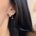 18K Gold Plated Silver Needle Zircon Flower Faux Pearl Drop Earrings For Light Luxury Style view 1