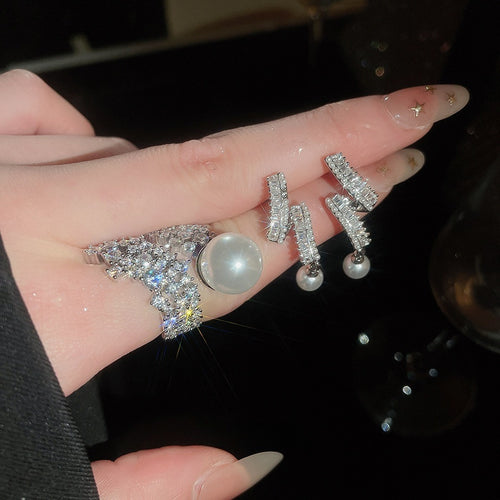 Elegant Full Paved Zircon Faux Pearl Ring And Stud Earrings Jewelry Set Luxury Light Luxury Fashion Accessories