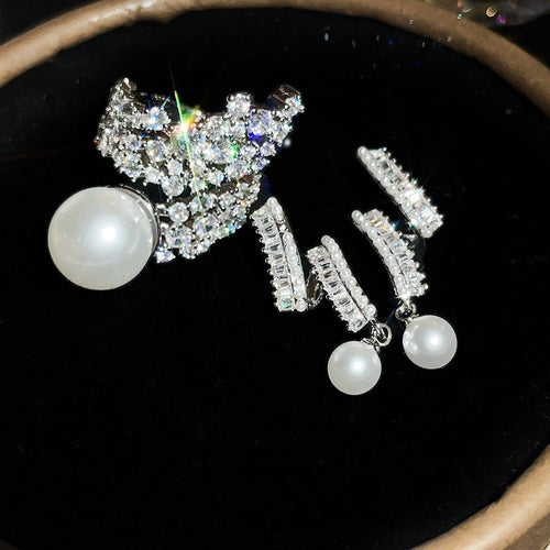Elegant Full Paved Zircon Faux Pearl Ring And Stud Earrings Jewelry Set Luxury Light Luxury Fashion Accessories