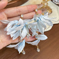 Elegant Fabric Flower Tassel Drop Earrings With Rhinestone Crystal Pearl Dangles Luxury Vacation Style Earrings view 3