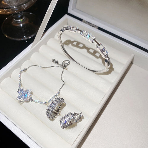 Korean Style Copper Zircon Square Hollow Bangle Earrings Jewelry Set For Fashion OL