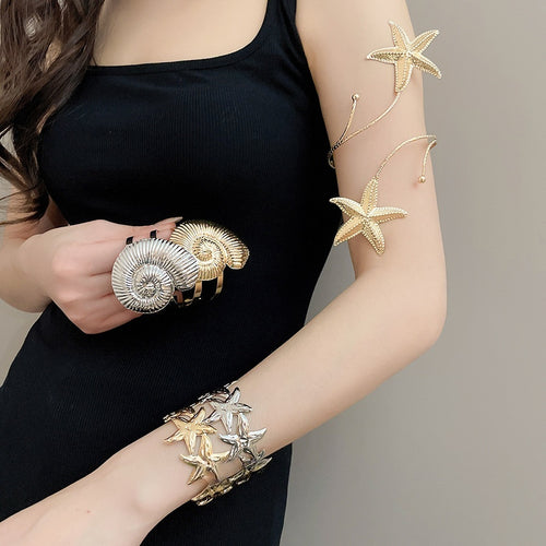 European American Style Iron Metallic Pleated Starfish Open Cuff Bracelet Jewelry Set for Women Vacation Fashion