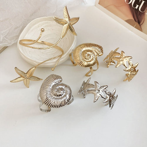European American Style Iron Metallic Pleated Starfish Open Cuff Bracelet Jewelry Set for Women Vacation Fashion