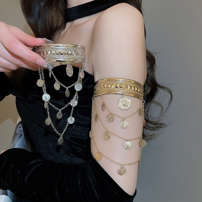 European Style Alloy Bangle With Round Portrait Pendant Unique Designer Arm Cuff Jewelry