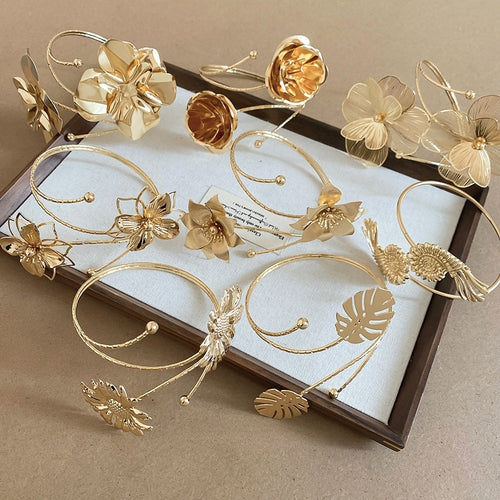 Vintage Western Metal Leaf Flower Conch Bangle Iron Arm Cuff Fashion Statement Bracelet