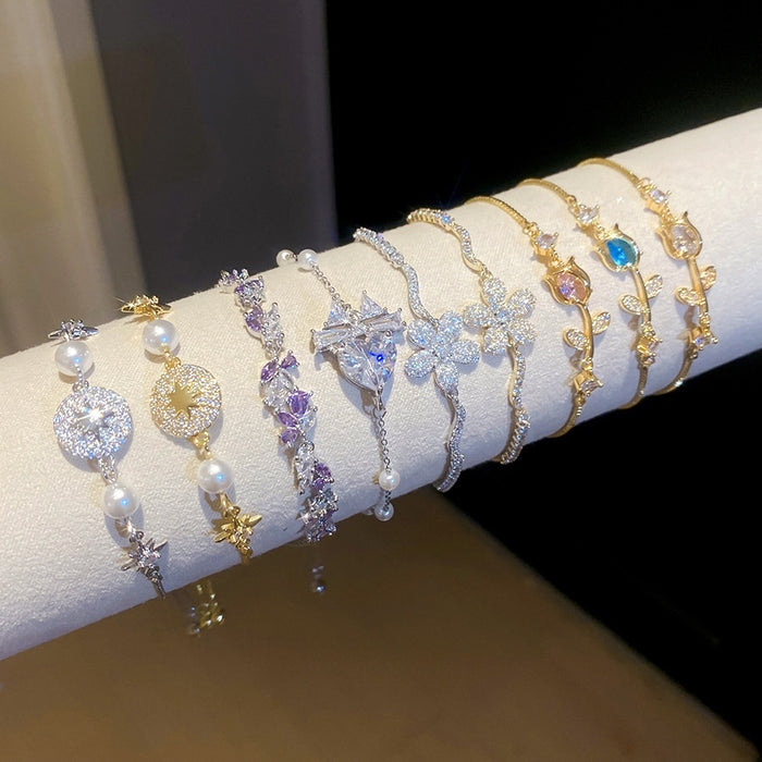 Light Luxury Copper Beaded Bracelet With Sparkling Zircon Flower And Round Geometric Charms