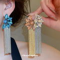 Luxury Copper Flower Tassel Drop Earrings With Silver Needle Rhinestone European Banquet Style view 2