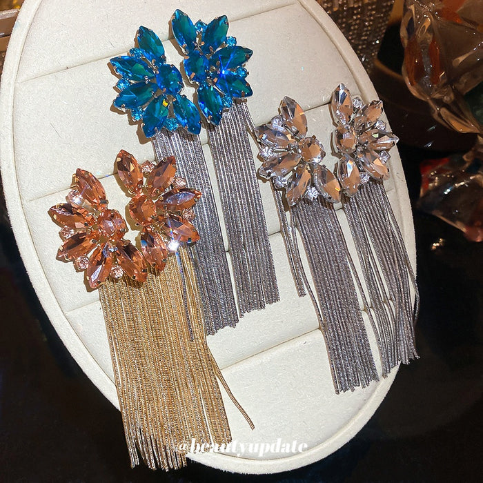 Luxury Copper Flower Tassel Drop Earrings With Silver Needle Rhinestone European Banquet Style