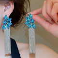 Luxury Copper Flower Tassel Drop Earrings With Silver Needle Rhinestone European Banquet Style view 4