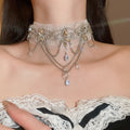 French Vintage Sparkling Lace Crystal Flower Teardrop Choker Necklace For Women view 3
