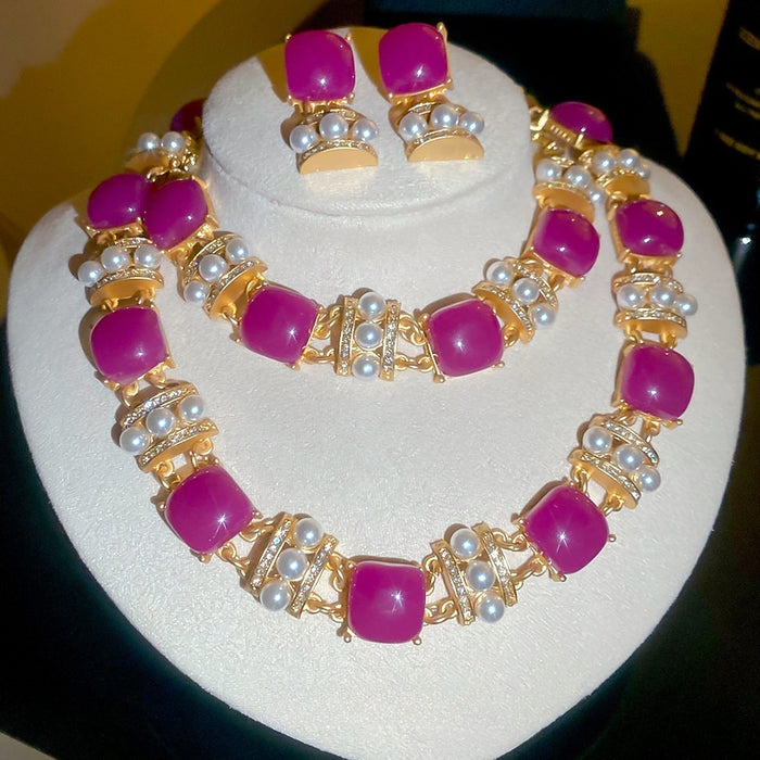 Vintage Resin Square Jewelry Set With Faux Pearl Rhinestone Bracelet Earrings Necklace