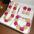 Vintage Resin Square Jewelry Set With Faux Pearl Rhinestone Bracelet Earrings Necklace view 3