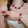 Vintage Resin Square Jewelry Set With Faux Pearl Rhinestone Bracelet Earrings Necklace view 2