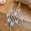 Vacation Style Faux Crystal Beaded Chiffon Butterfly Tassel Drop Earrings For Summer Beach view 2