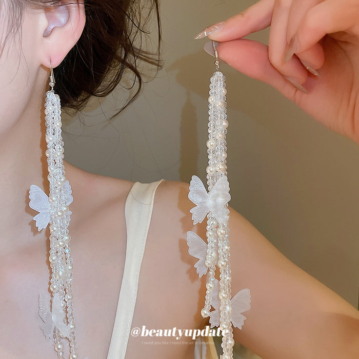 Vacation Style Faux Crystal Beaded Chiffon Butterfly Tassel Drop Earrings For Summer Beach