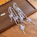 Vacation Style Faux Crystal Beaded Chiffon Butterfly Tassel Drop Earrings For Summer Beach view 4