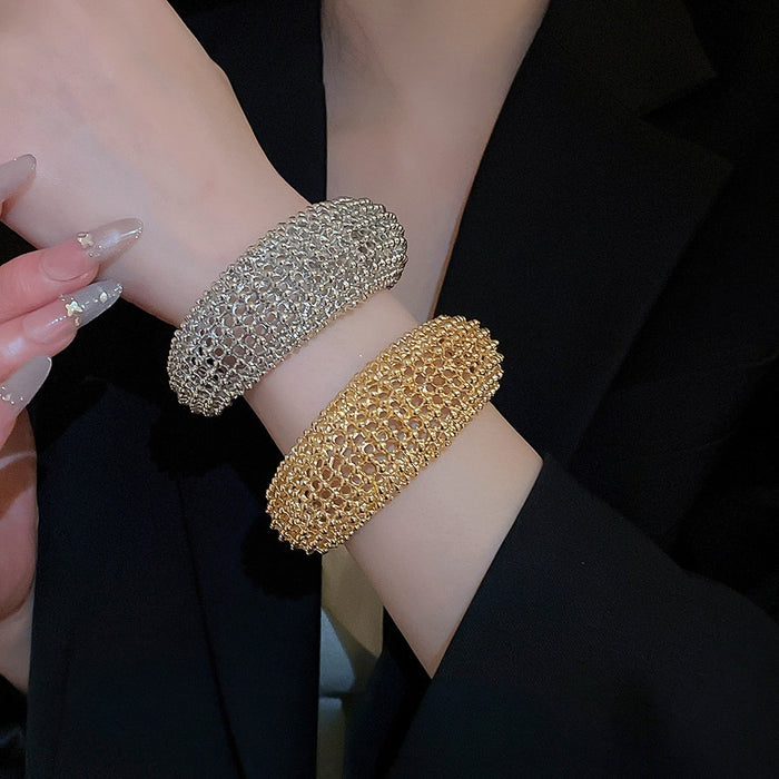 European American Hollow Alloy Open Bangle With Round Bead Melted Texture Statement Design For Women