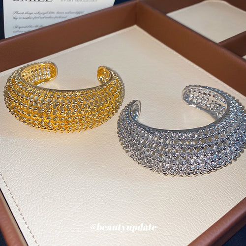 European American Hollow Alloy Open Bangle With Round Bead Melted Texture Statement Design For Women