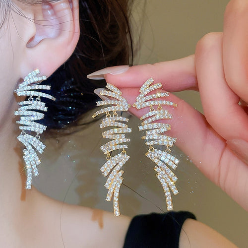 18K Gold Plated Copper Geometric Zircon Tassel Stud Earrings For Evening Dress