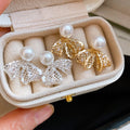 18K Gold Plated Copper Lace Bow Zircon Pearl Stud Earrings French Playful Design view 4
