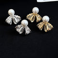 18K Gold Plated Copper Lace Bow Zircon Pearl Stud Earrings French Playful Design view 2