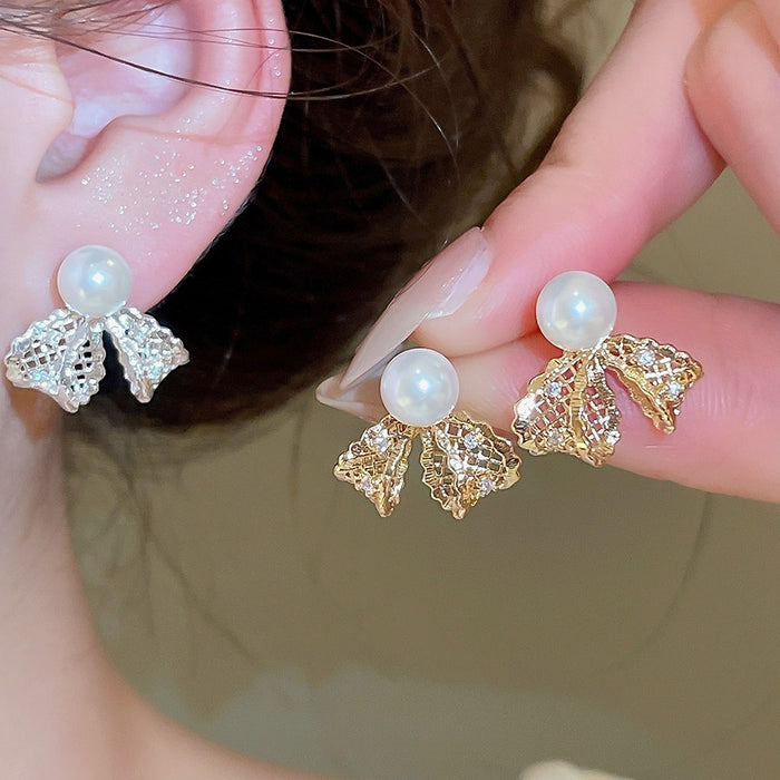 18K Gold Plated Copper Lace Bow Zircon Pearl Stud Earrings French Playful Design