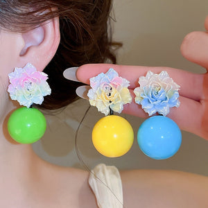 Sweet Dopamine Style Resin Round Flower Stud Earrings With Silver Pins For Women