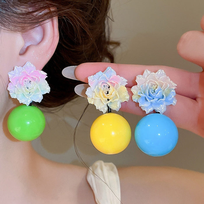 Sweet Dopamine Style Resin Round Flower Stud Earrings With Silver Pins For Women