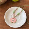 Pink Ceramic Apple Pendant Braided Cord Beaded Choker Necklace For Women Pastoral Fruit Jewelry view 2