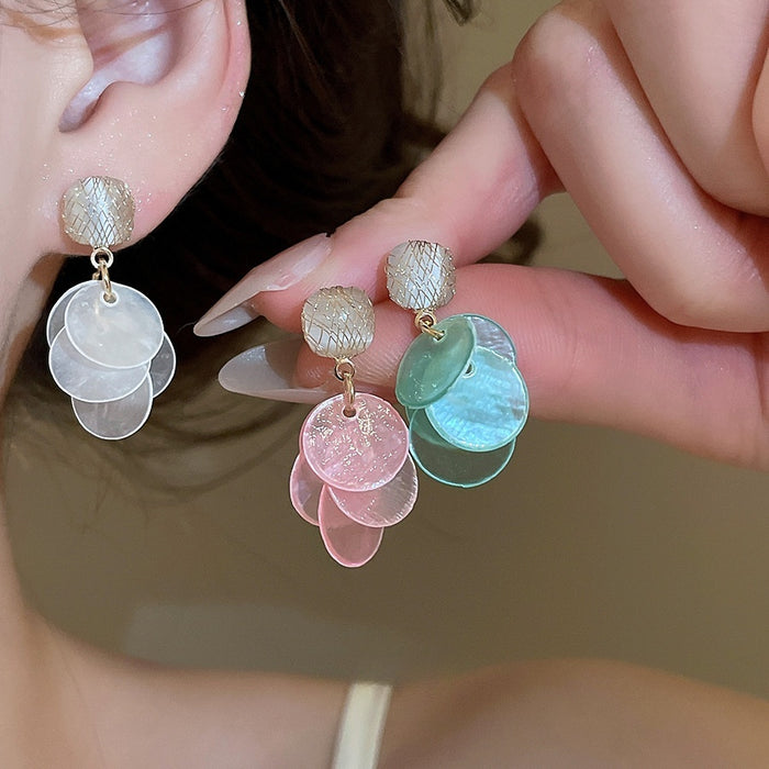 Light Luxury Shell And Cat Eye Stone Tassel Drop Earrings With Silver Pins For Women