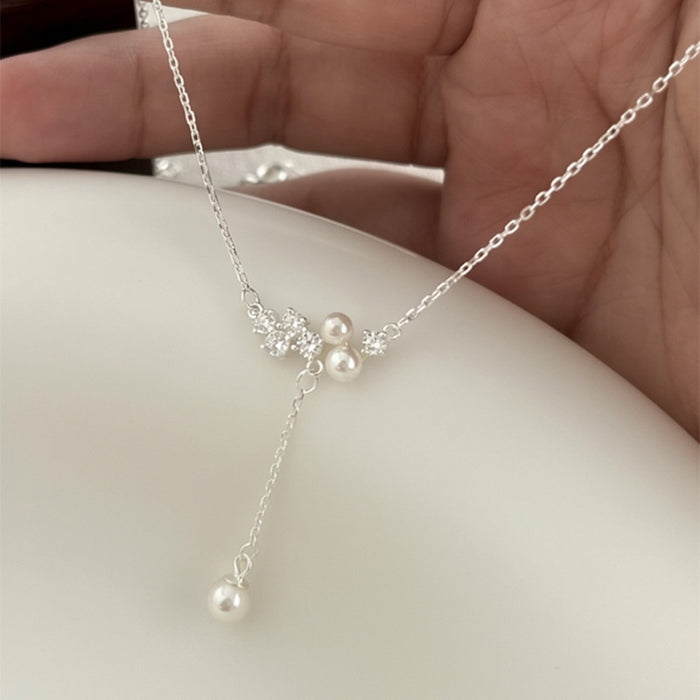 Old Money Faux Pearl Zircon Geometric Round Pendant Necklace For Women Luxury Clavicle Chain